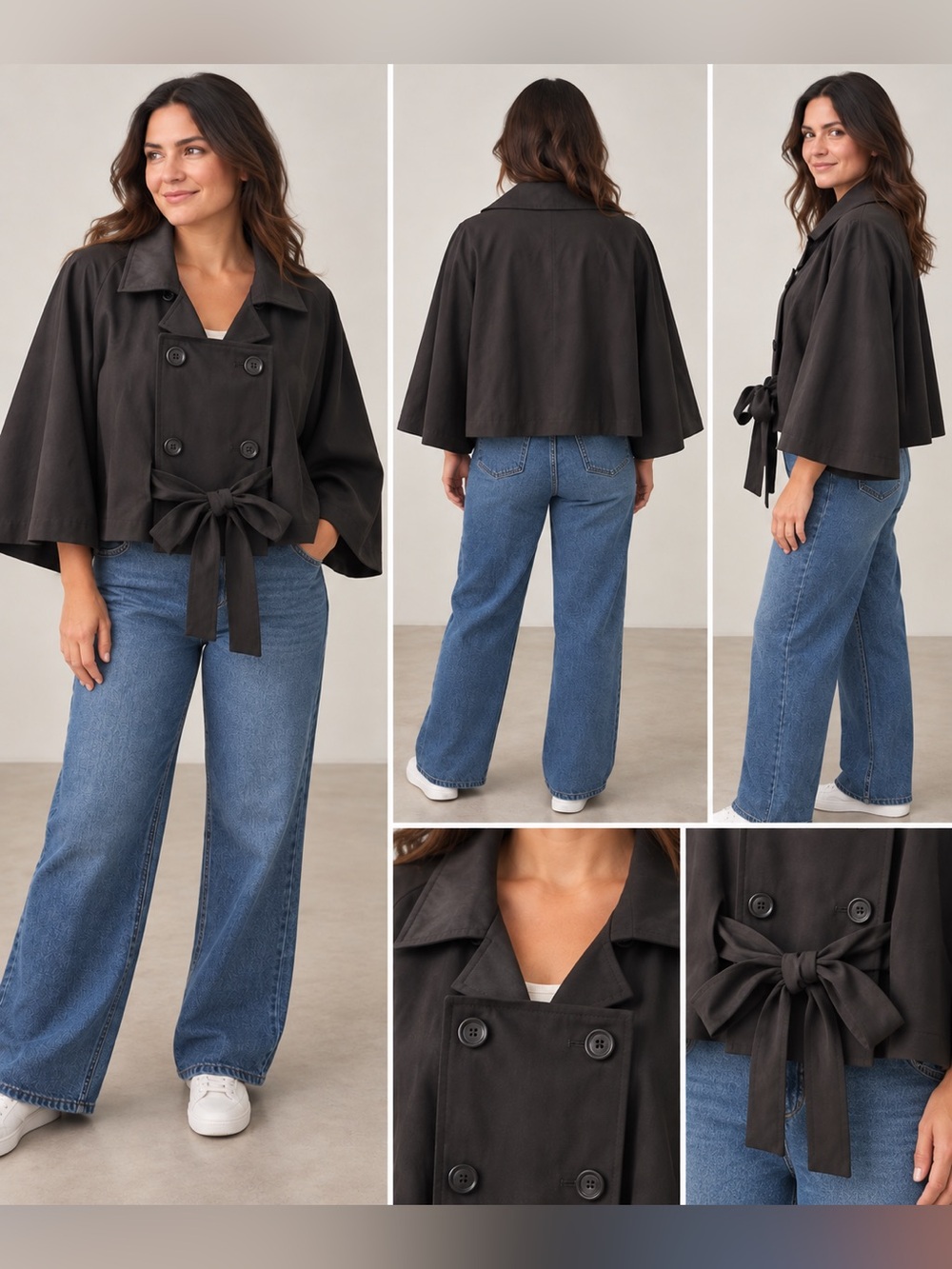Cropped Double-Breasted Tie-Waist cape Jacket